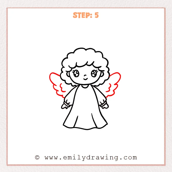 how to draw a cartoon angel - Cartoon angel with curly hair and a robe, now with two rounded, layered wings extending behind the shoulders.